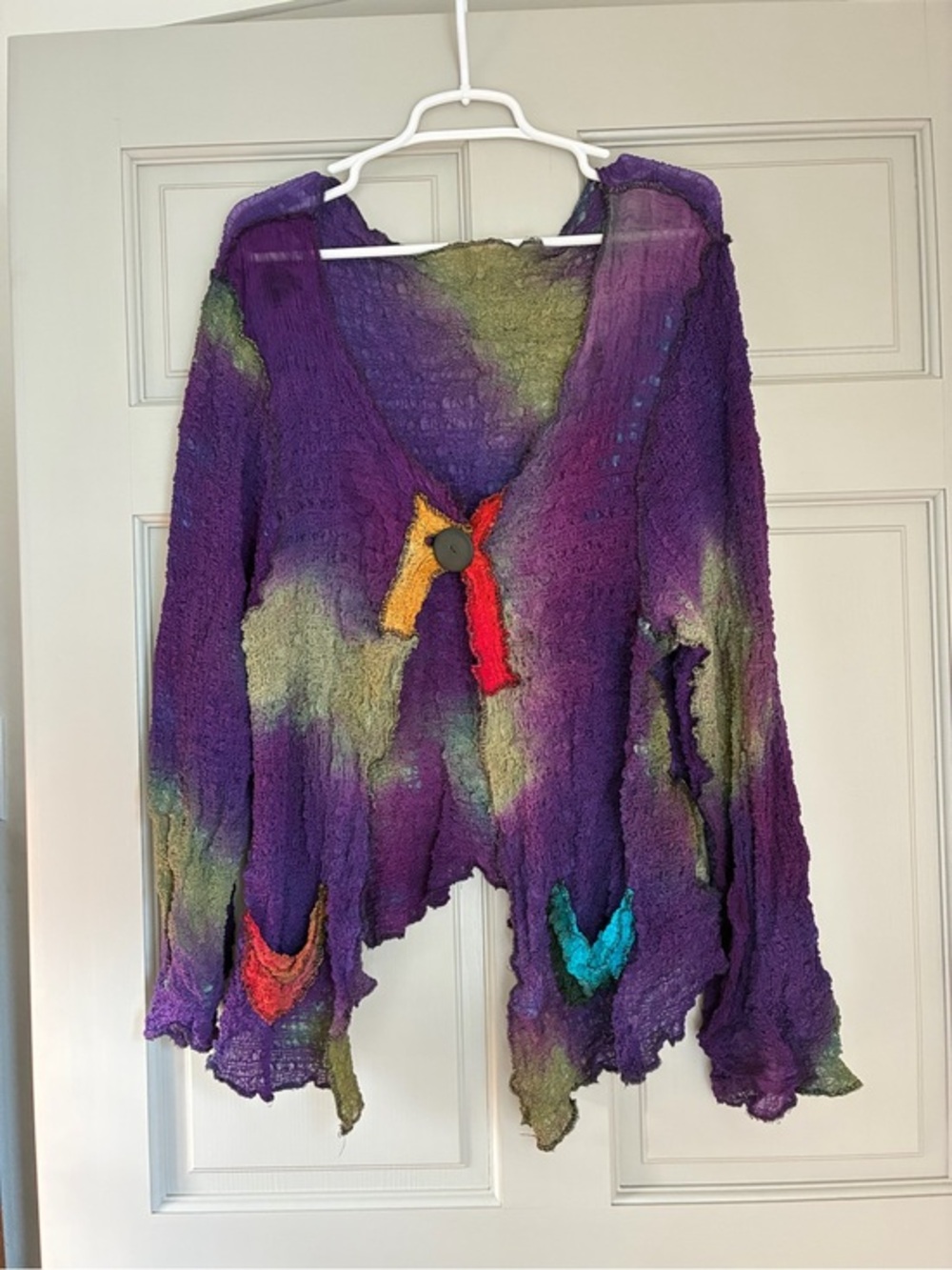 JUSTINE ARTWEAR Hand Painted Crinkle Silk Fiber Art Jacket Cardigan OS Boho